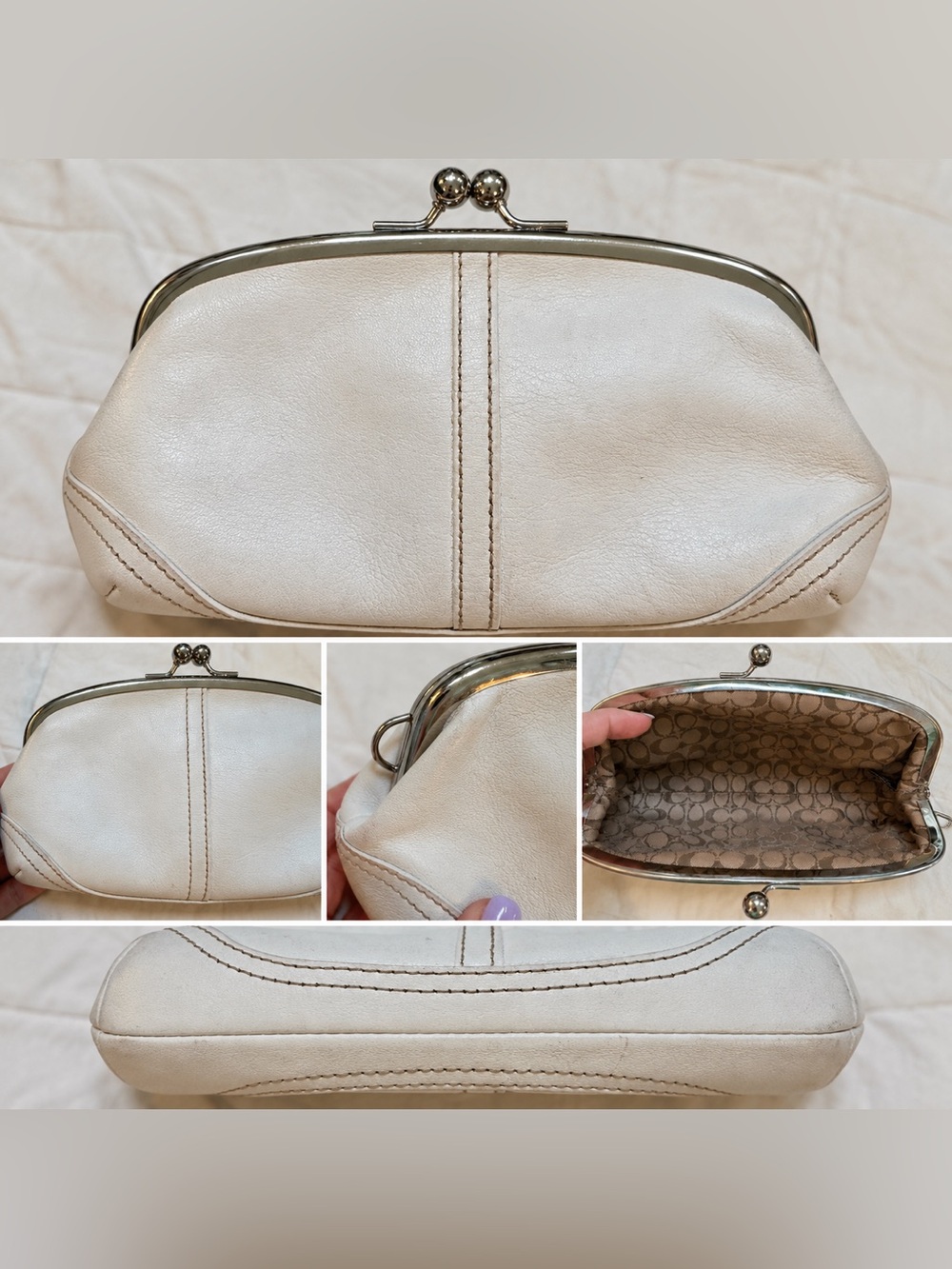 Vintage Coach Soho Ivory Leather Kiss-Lock Clutch Purse